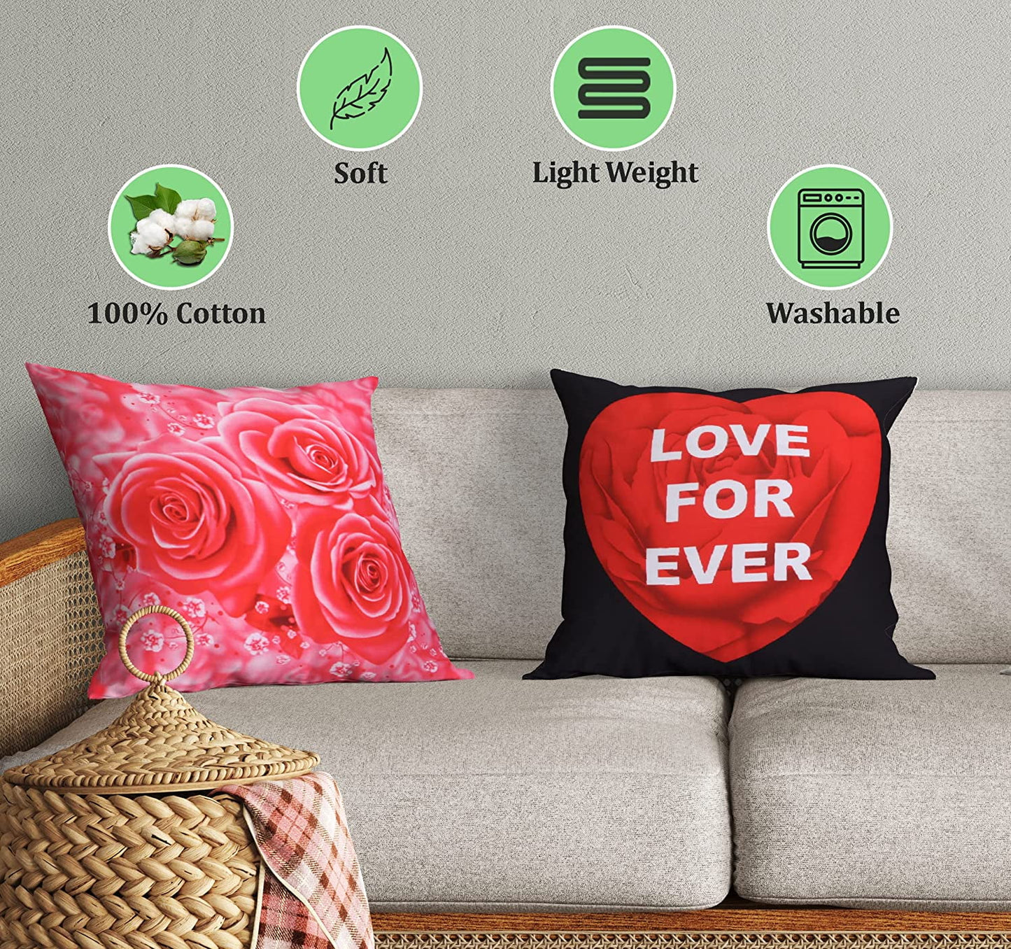 Cotton Fabric Throw Pillows, 2 Pack (16"x16") Cover & Insert, Black and Pink