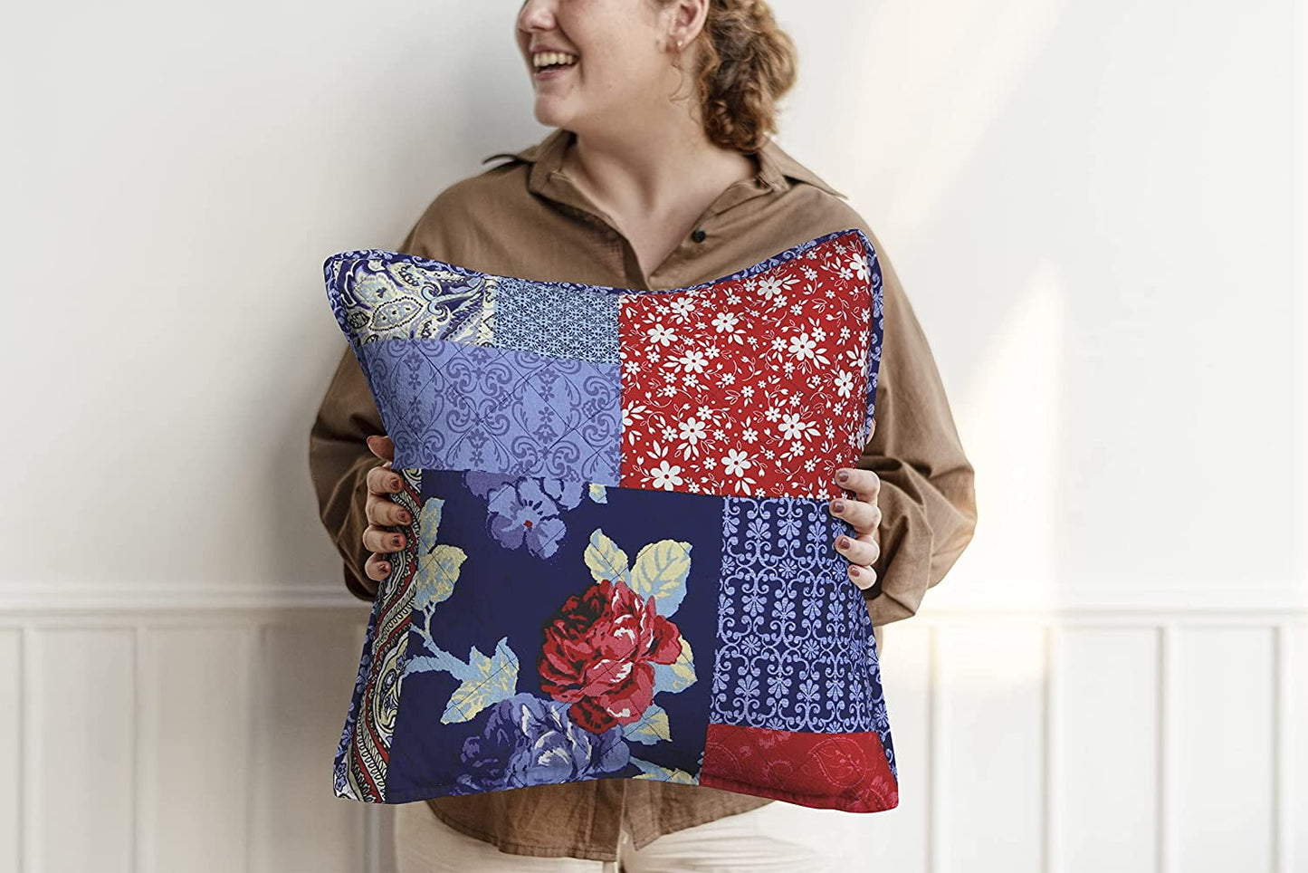 Cotton Fabric Throw Pillows, 2 Pack (18"x18") Cover Only, Patch Work Multi Navy Turqize Design