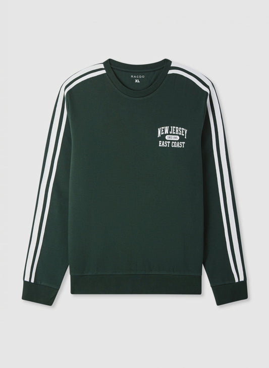 Men’s Dark Green Crewneck Sweatshirt with Double Sleeve Stripes
