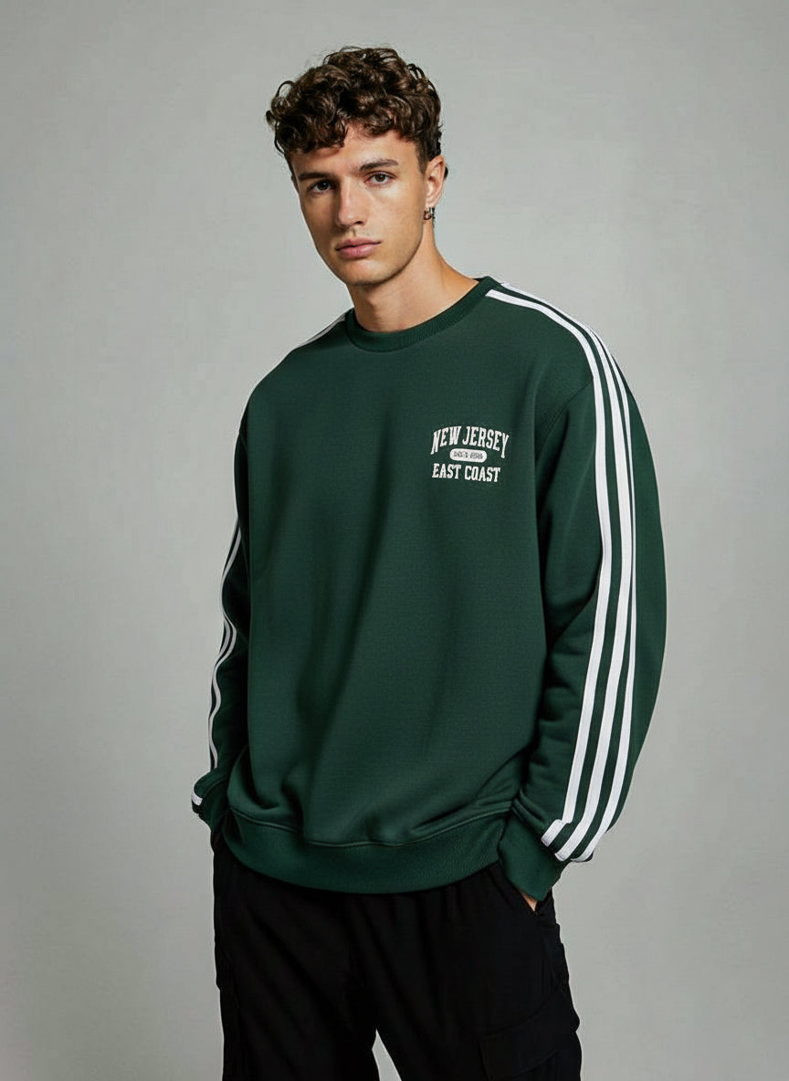 Men’s Dark Green Crewneck Sweatshirt with Double Sleeve Stripes