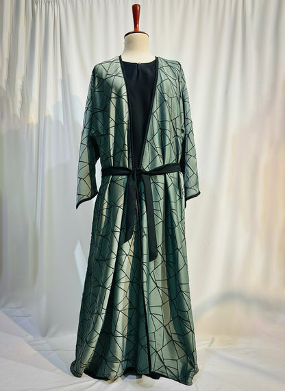 The Amara Geometric Abaya by RACDO | Satin Finish with Belt