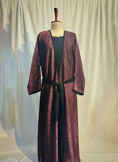 The Amara Geometric Abaya by RACDO | Satin Finish with Belt