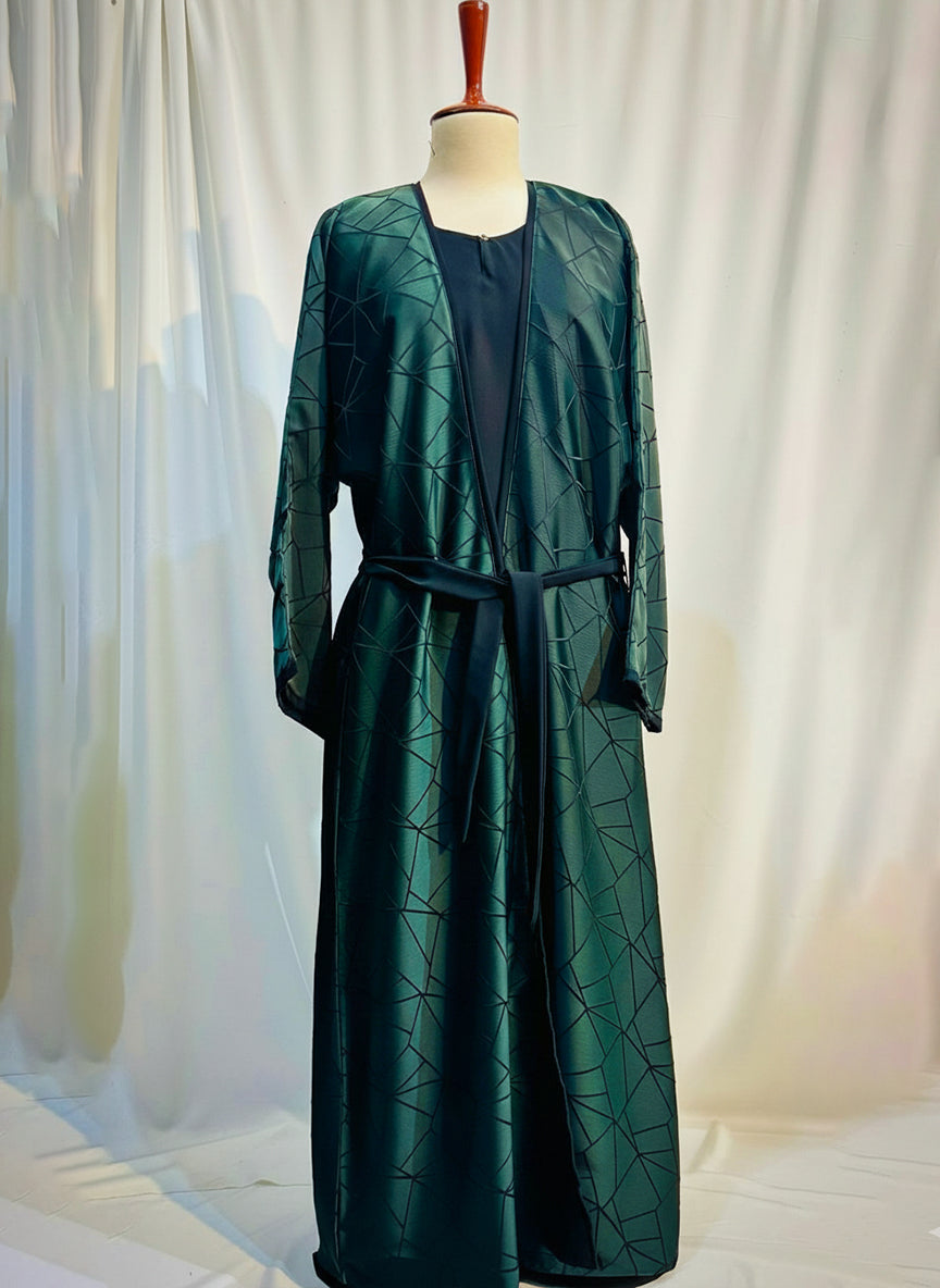 The Amara Geometric Abaya by RACDO | Satin Finish with Belt