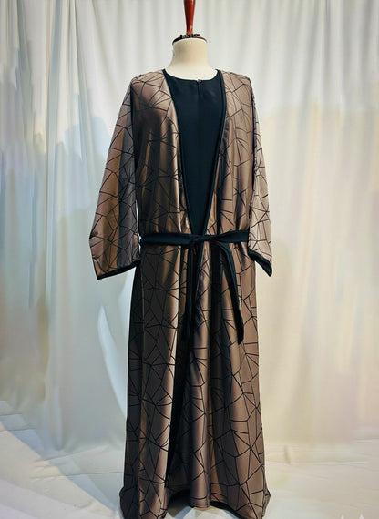 The Amara Geometric Abaya by RACDO | Satin Finish with Belt
