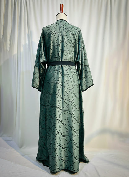 The Amara Geometric Abaya by RACDO | Satin Finish with Belt