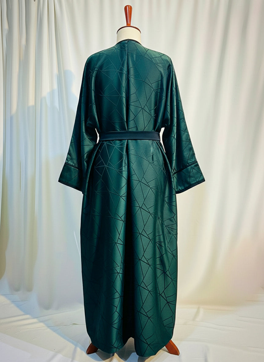 The Amara Geometric Abaya by RACDO | Satin Finish with Belt