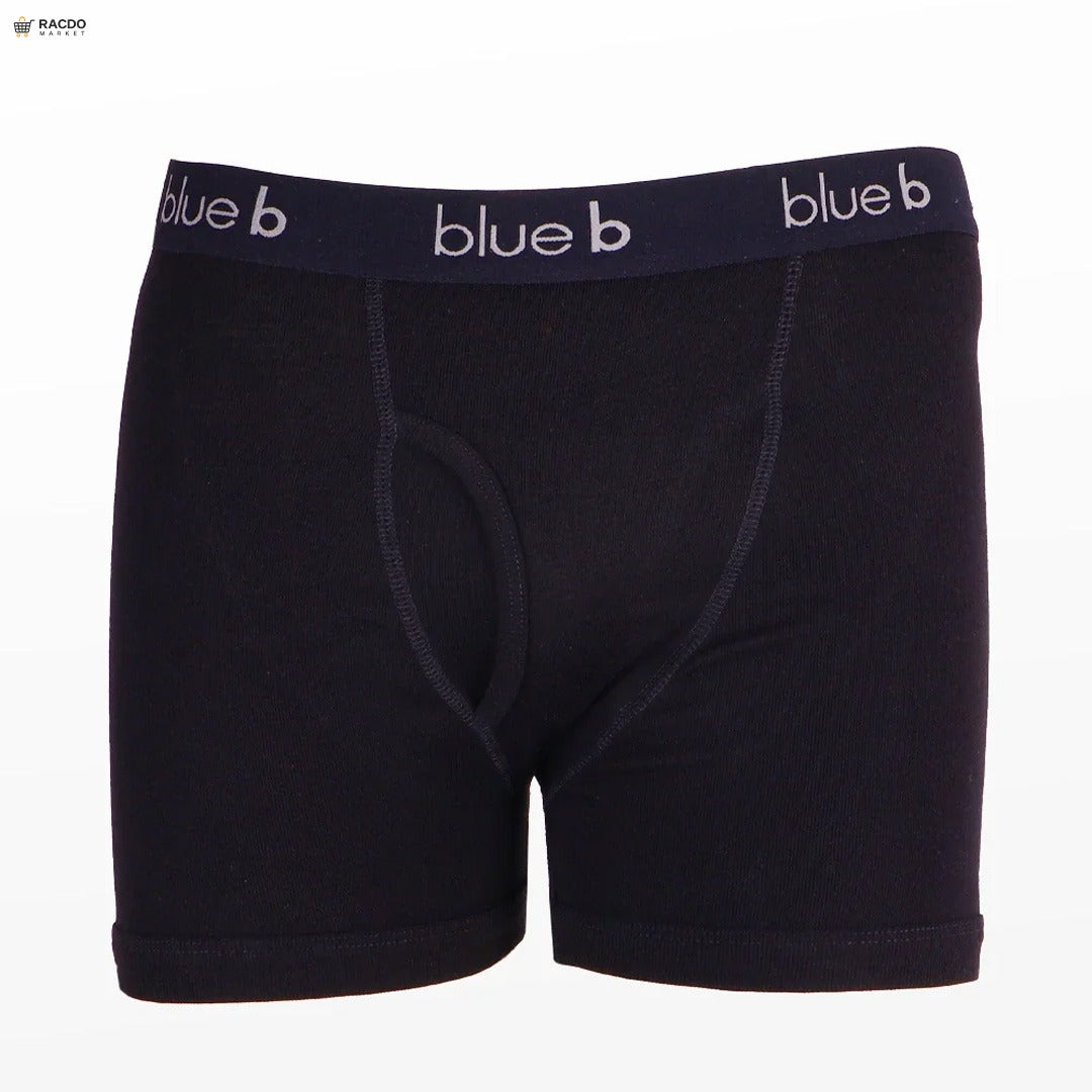 Black boxer briefs with 'blue b' waistband on a white background

