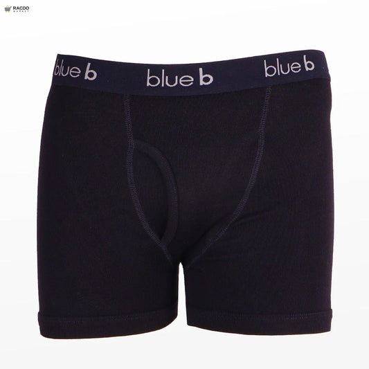 Black boxer briefs with 'blue b' waistband on a white background

