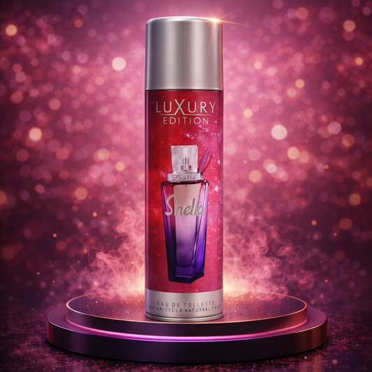 Luxury edition Shello perfume bottle on a purple and pink gradient background

