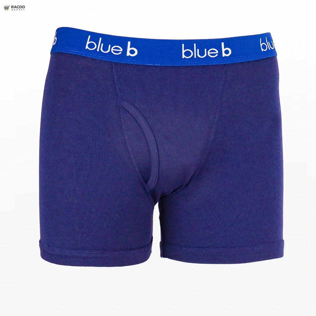 Blue boxer briefs with a blue waistband featuring 'blue b' branding on a white background.

