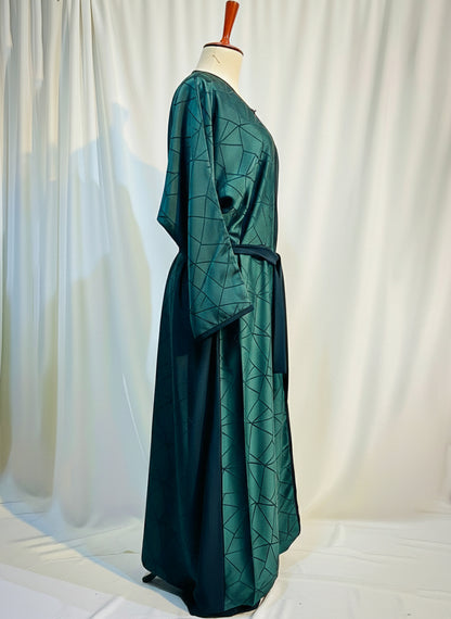 The Amara Geometric Abaya by RACDO | Satin Finish with Belt