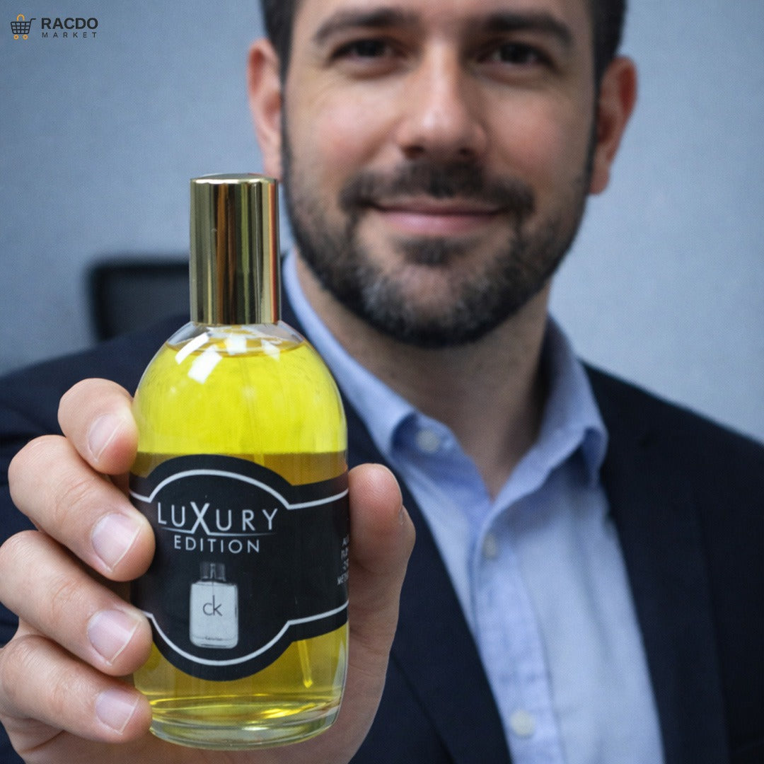 Man holding a bottle labeled 'Luxury Edition' with a gold cap.