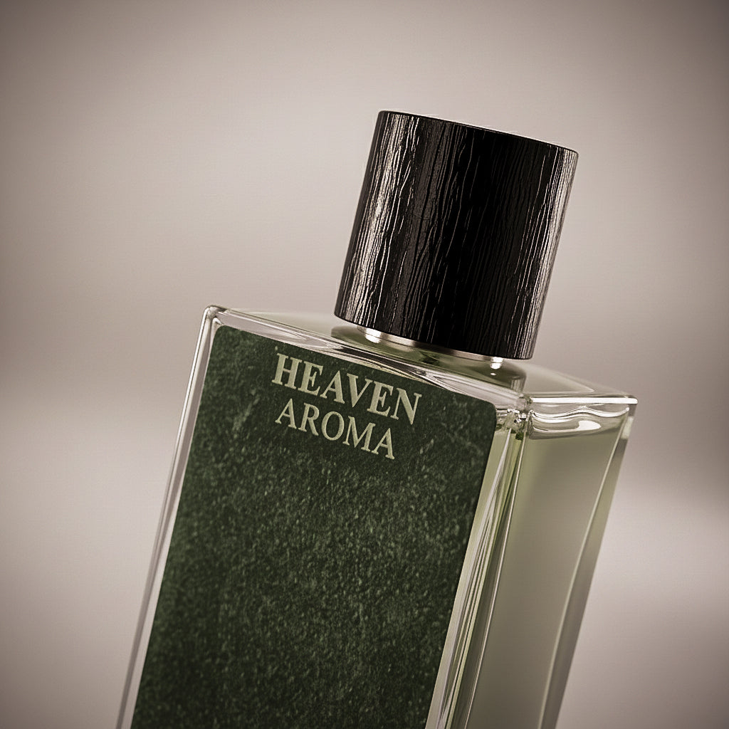 Perfume bottle labeled 'Heaven Aroma' on a neutral background