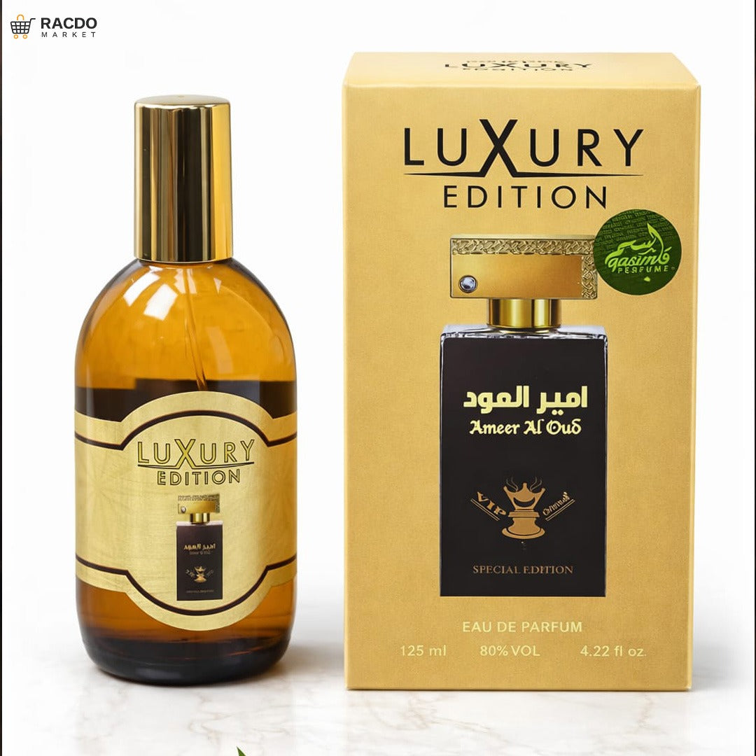 Luxury edition perfume bottle and packaging on a white background