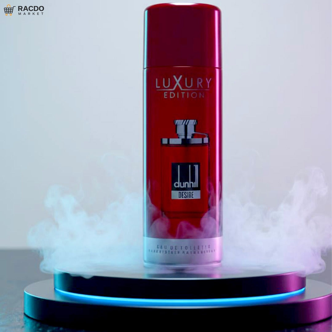 Red Dunhill Desire perfume bottle with smoke effect on a gray background

