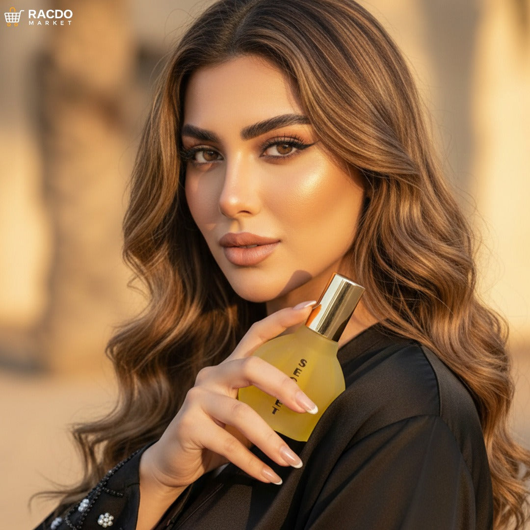 Woman holding a perfume bottle with a blurred background