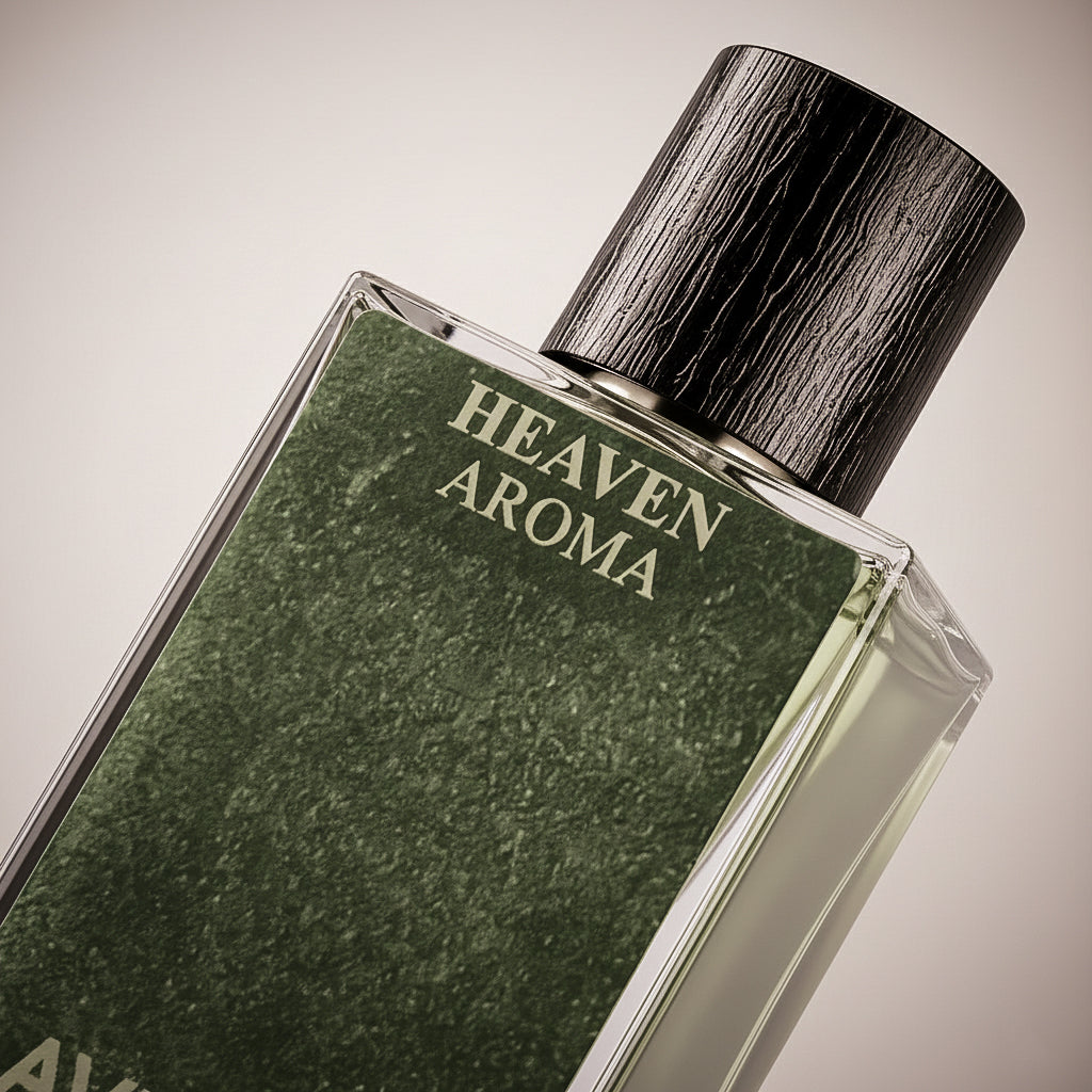 Perfume bottle labeled 'Heaven Aroma' with a textured green label and wooden cap.

