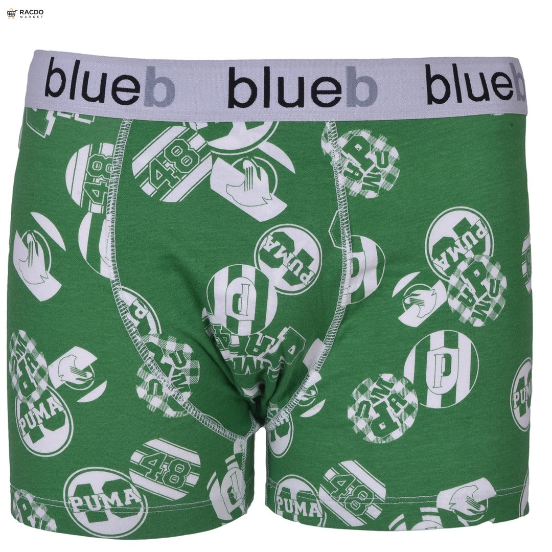 Green boxer briefs with Puma logo and 'blueb' waistband on a white background

