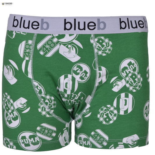 Green boxer briefs with Puma logo and 'blueb' waistband on a white background

