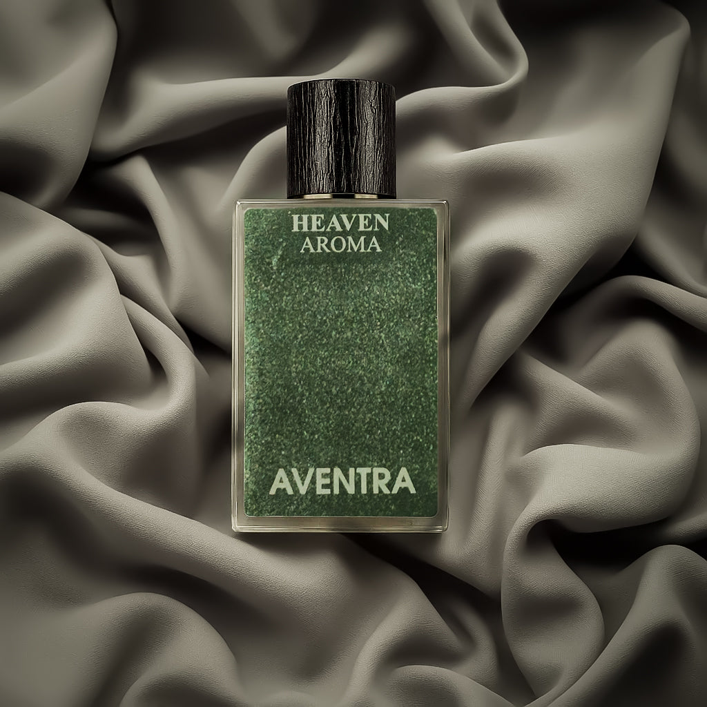 Perfume bottle labeled 'Aventra' on a textured fabric background