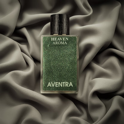 Perfume bottle labeled 'Aventra' on a textured fabric background