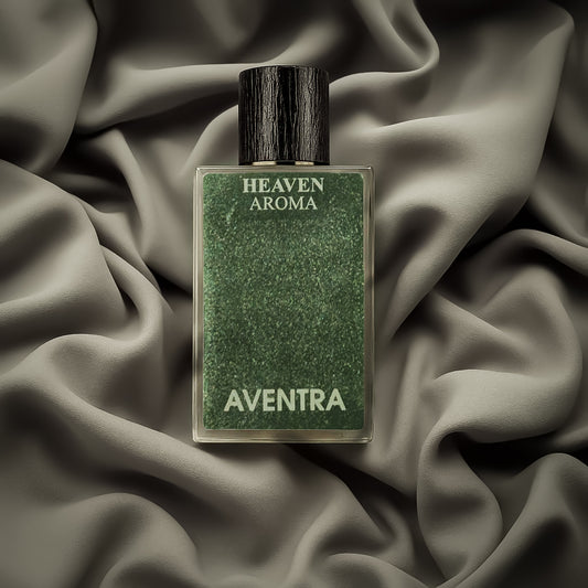 Perfume bottle labeled 'Aventra' on a textured fabric background