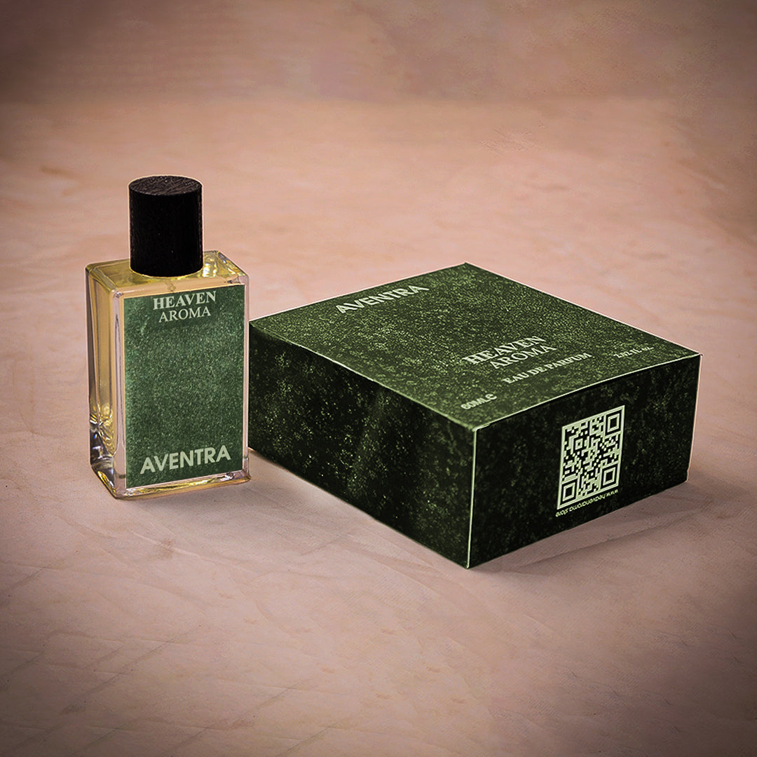 Perfume bottle and packaging with 'Aventra' branding on a beige background