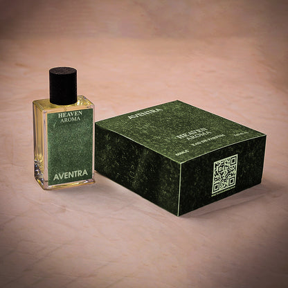 Perfume bottle and packaging with 'Aventra' branding on a beige background