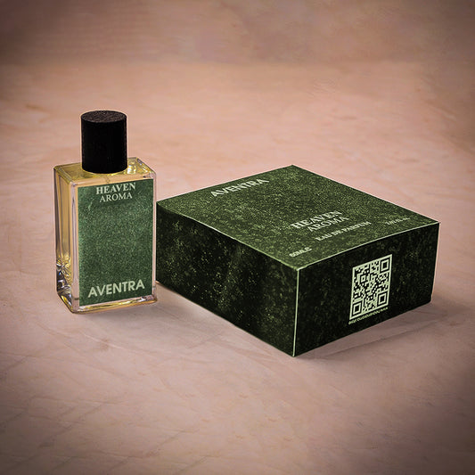 Perfume bottle and packaging with 'Aventra' branding on a beige background