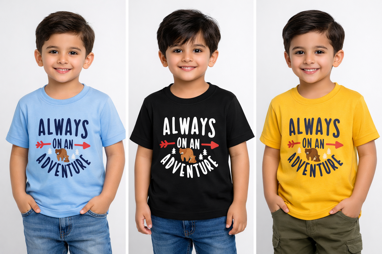 Three children wearing t-shirts with 'Always on an Adventure' text and graphic.

