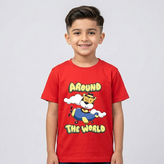 Child wearing a red t-shirt with a cartoon character and text on a plain background

