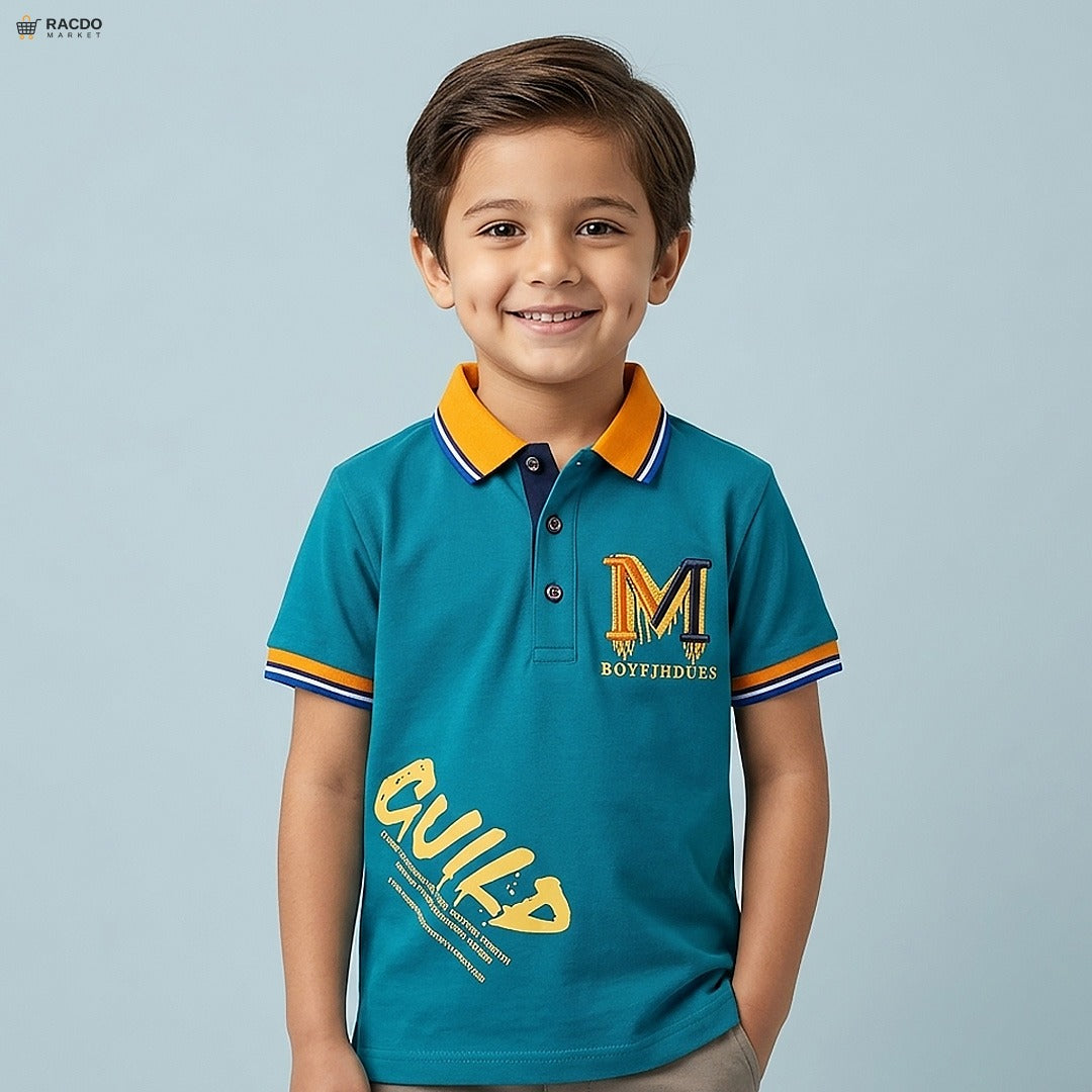 Child wearing a teal polo shirt with yellow accents on a light blue background

