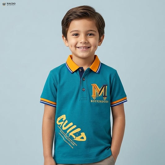 Child wearing a teal polo shirt with yellow accents on a light blue background


