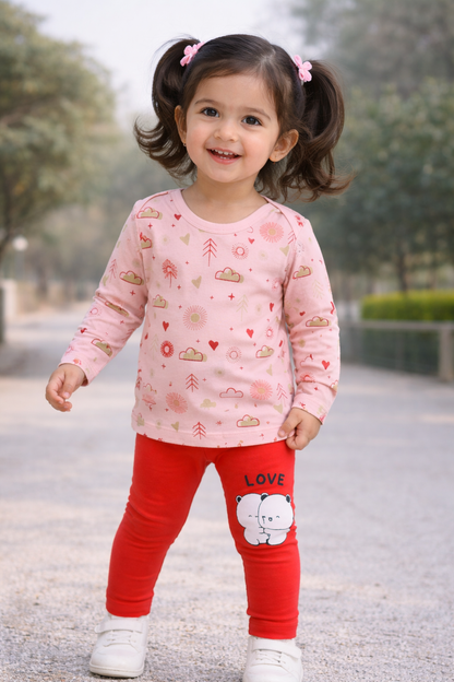 Child wearing a pink long-sleeve shirt with cloud patterns and red leggings with a bear design, standing outdoors.

