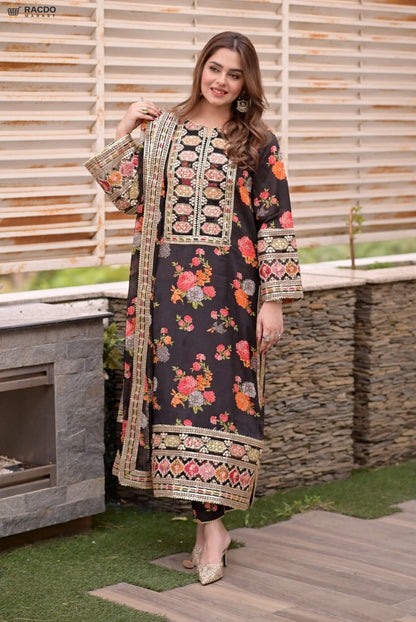Luxury silk black 3 piece unstitched suit for women V263 with elegant dupatta and trouser