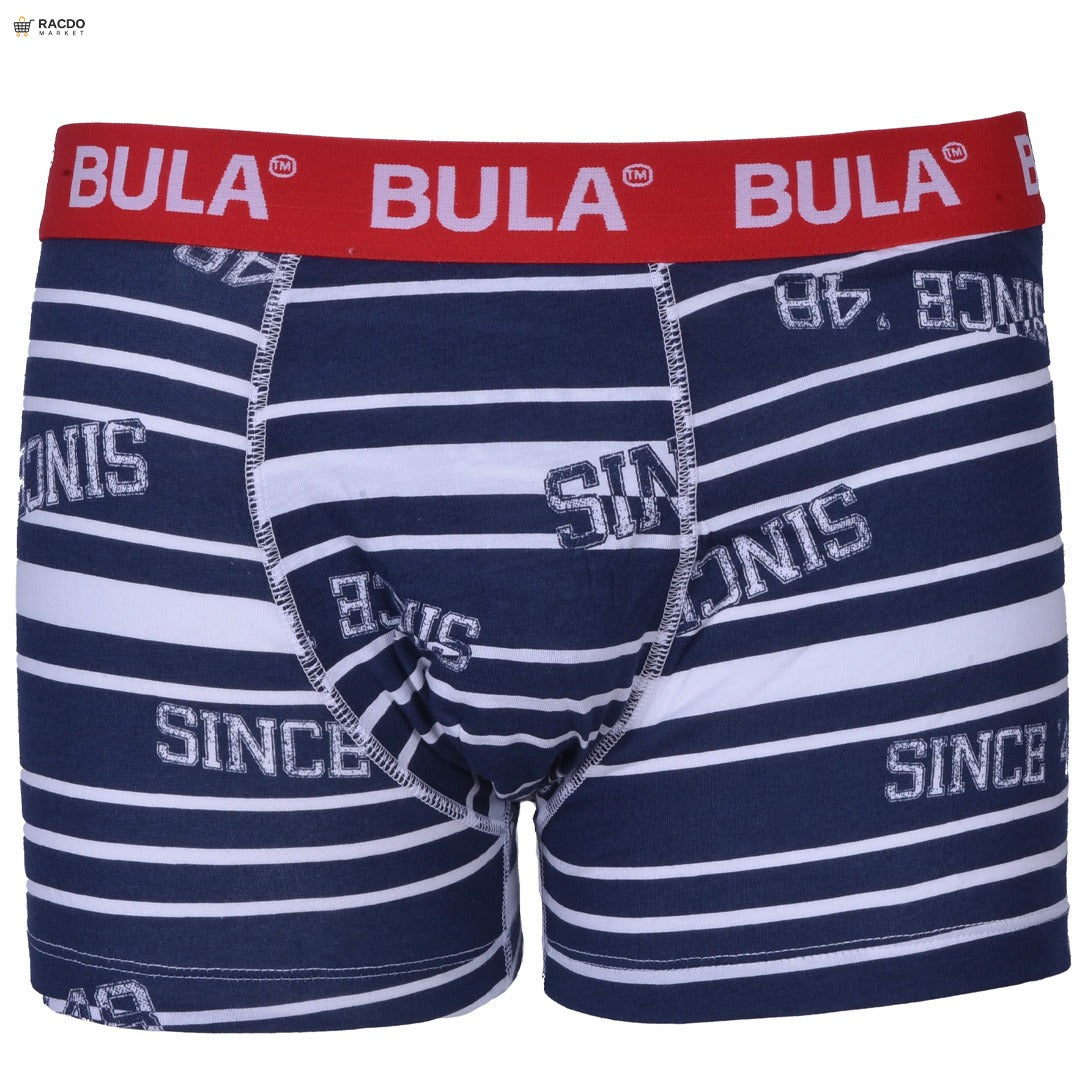 Navy and white striped boxer briefs with red waistband featuring 'Bula' branding on a white background.

