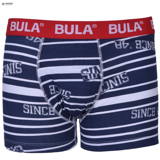 Navy and white striped boxer briefs with red waistband featuring 'Bula' branding on a white background.

