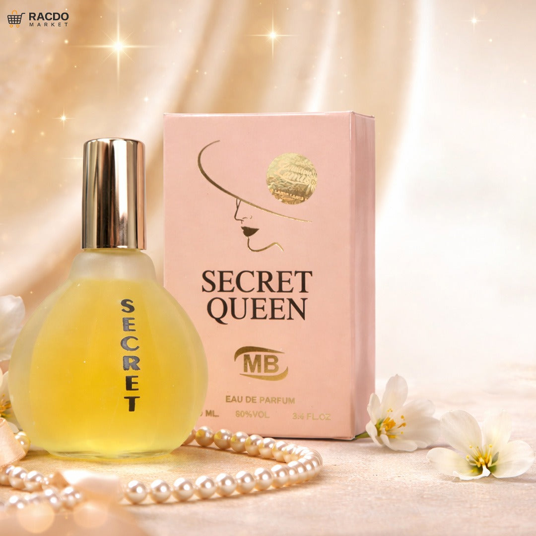 Perfume bottle and packaging with 'Secret Queen' branding on a soft, blurred background.