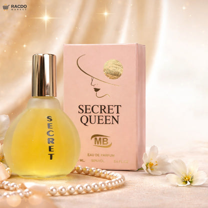 Perfume bottle and packaging with 'Secret Queen' branding on a soft, blurred background.