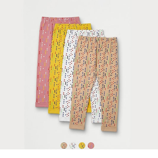 Four pairs of patterned pants in pink, yellow, white, and beige on a light gray background.