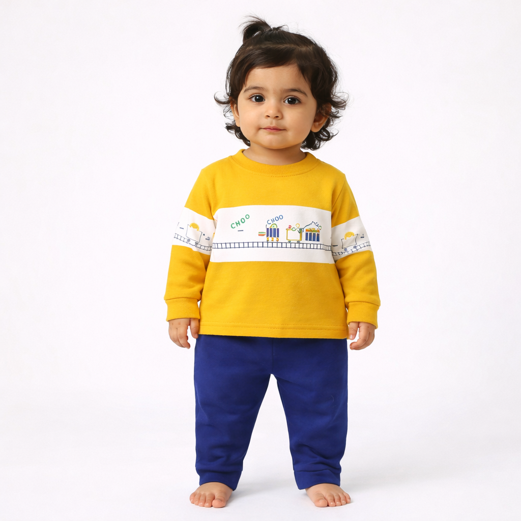 Child wearing a yellow and blue outfit with a white background

