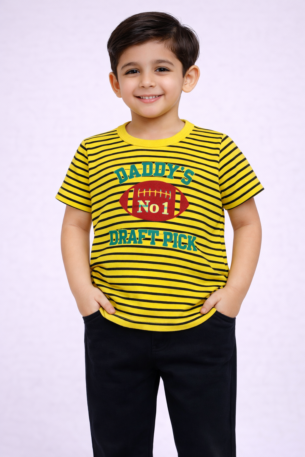 Child wearing a yellow and black striped t-shirt with text on a white background

