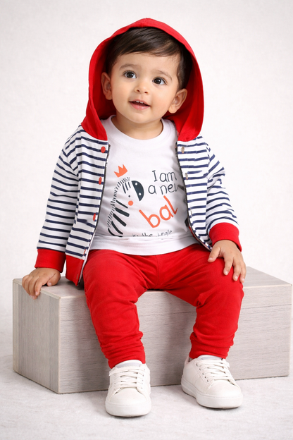Child wearing a red and white outfit with a hood, sitting on a white block.


