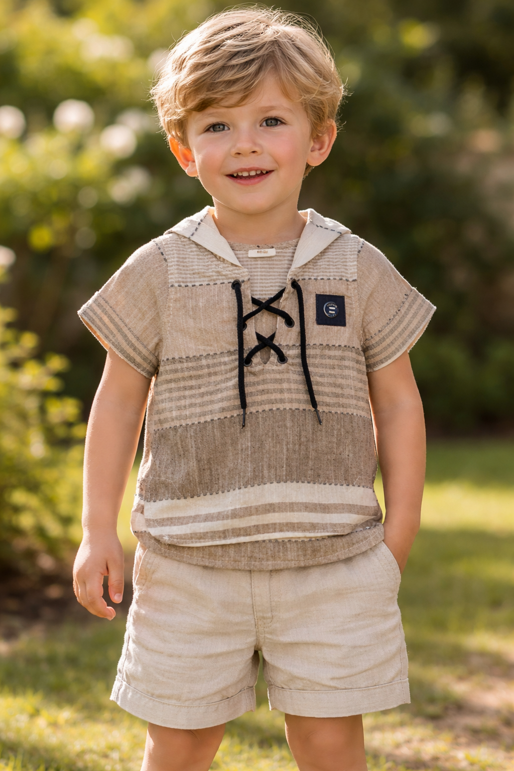 Young boy wearing a patterned shirt and shorts outdoors

