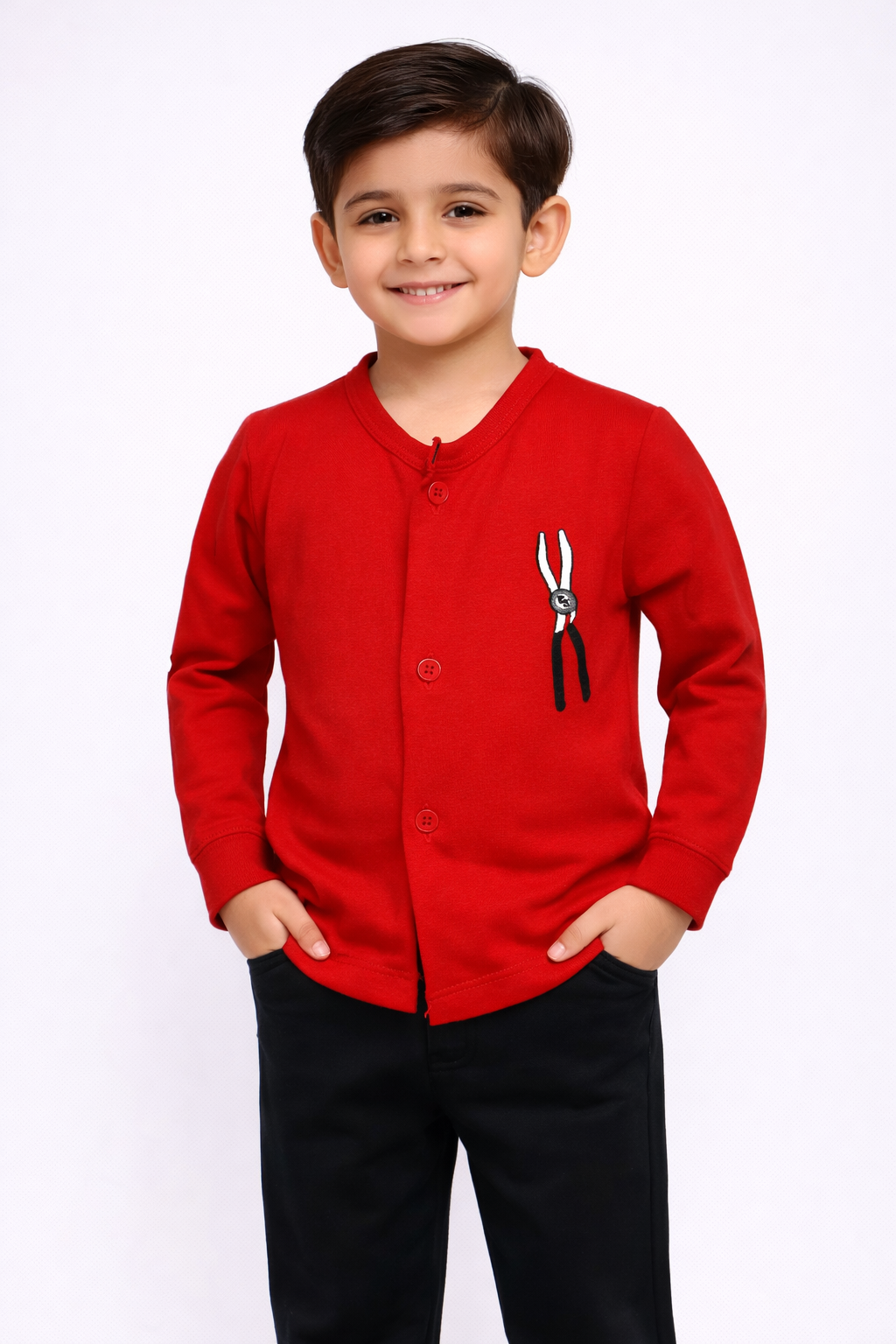 Child wearing a red cardigan with a pocket design on a white background

