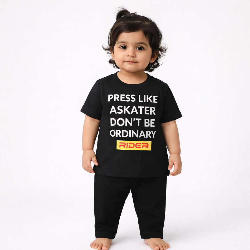 Child wearing a black t-shirt with text and a logo on a white background

