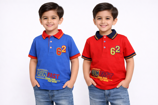 Two children wearing blue and red polo shirts with '62' and 'RUN FAST' text on a white background.

