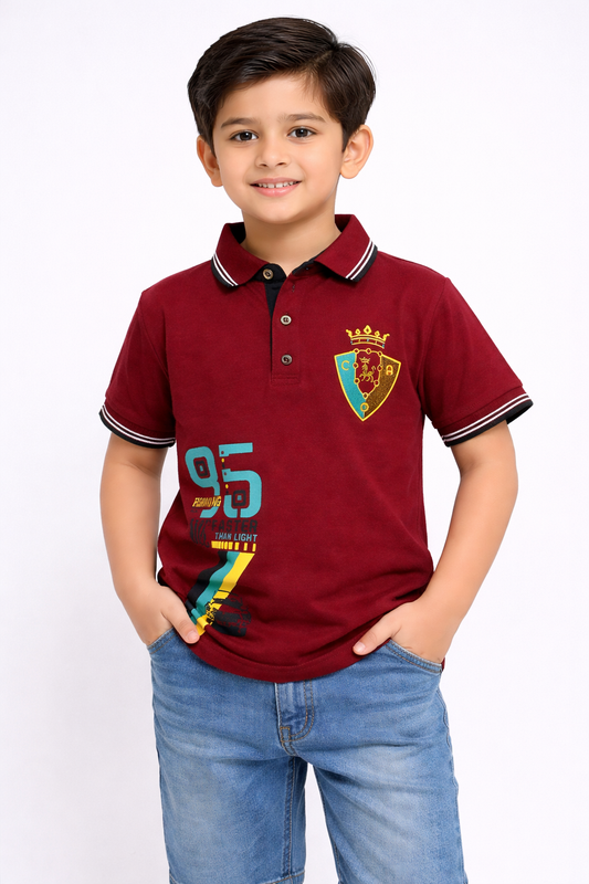 Child wearing a maroon polo shirt with a logo and number 95 on a white background

