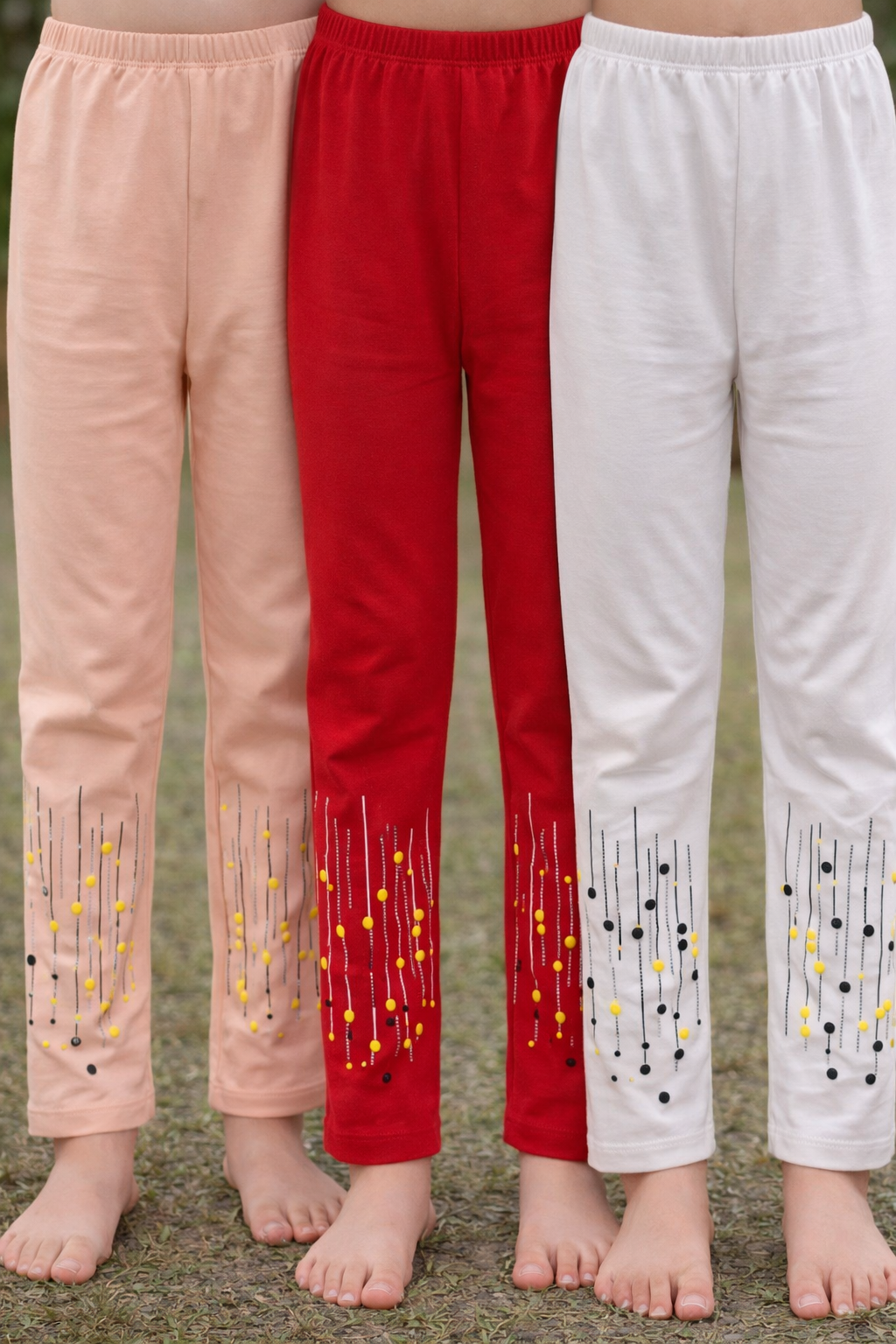 Three pairs of pants in pink, red, and white with decorative patterns on a grassy background.

