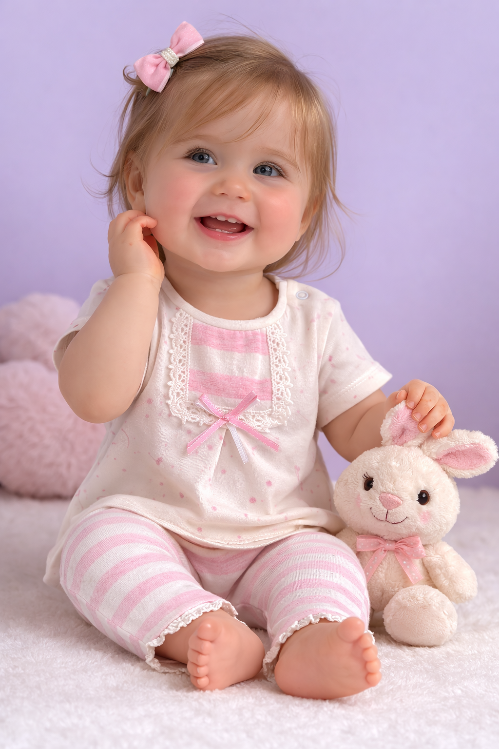 Child in pink and white outfit with a plush toy on a light purple background

